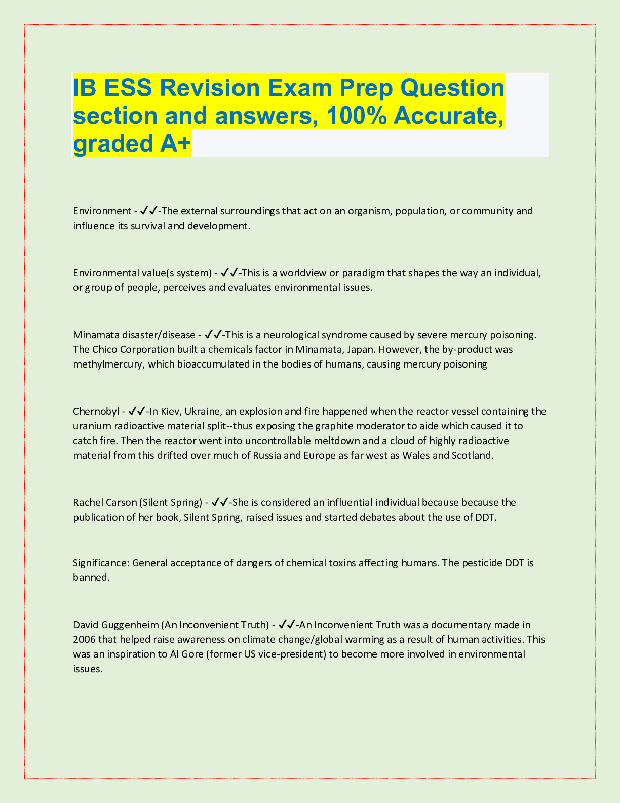 IB ESS Revision Exam Prep Question section and answers, 100 Accurate